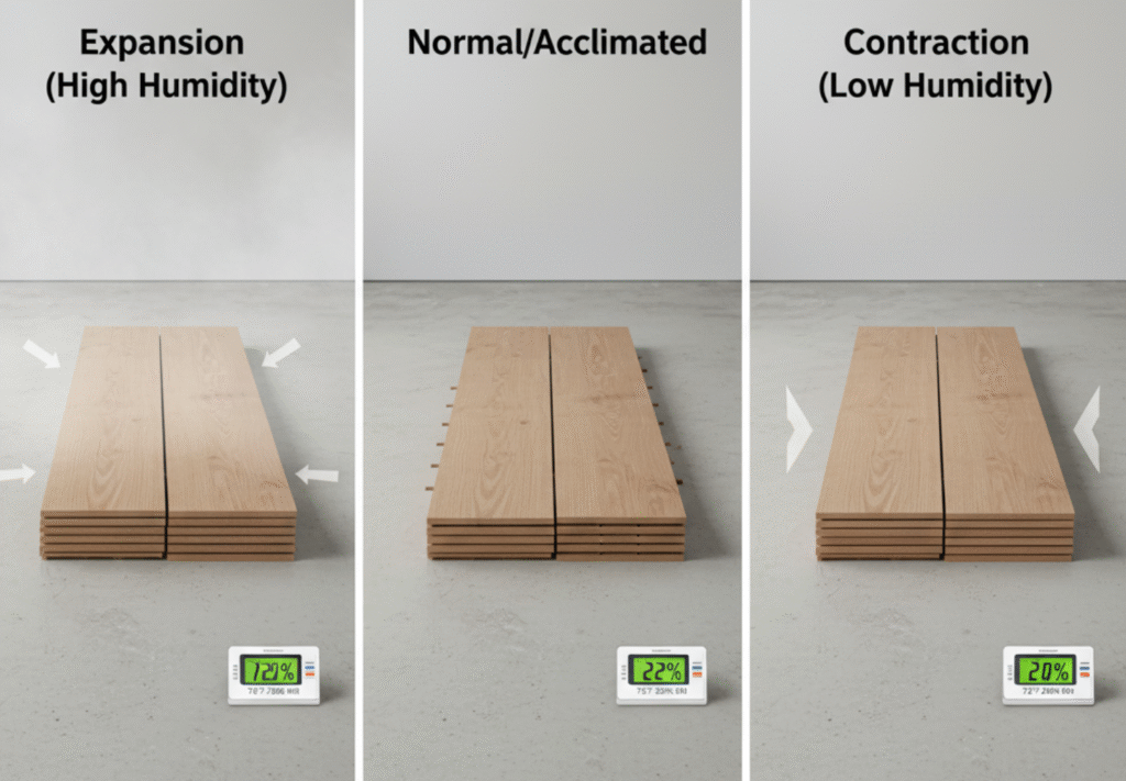 Showing a hardwood planks allowing to acclimate or adjust in the room environment.