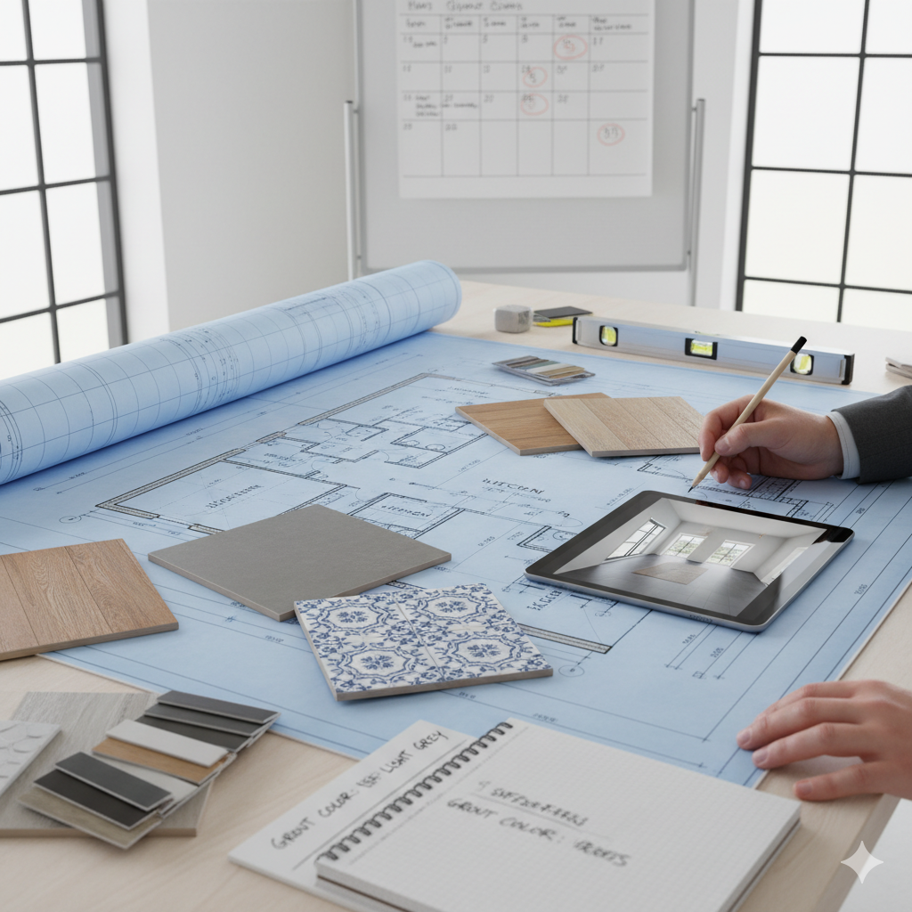 Directly shows the meticulous planning process and technical aspects of tile flooring project