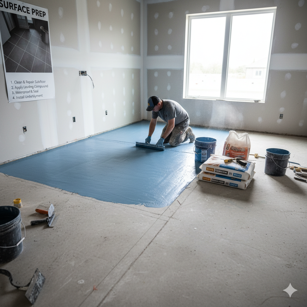 A professional contractor applying self-leveling compound to a subfloor, ensuring a perfectly smooth and even surface before tile installation.