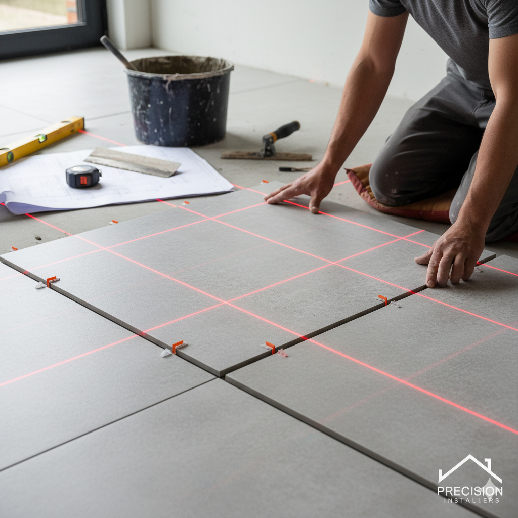 A professional contractor applying self-leveling compound to a subfloor, ensuring a perfectly smooth and even surface before tile installation. Tools like a trowel and level are visible, emphasizing meticulous surface preparation for durable tile flooring