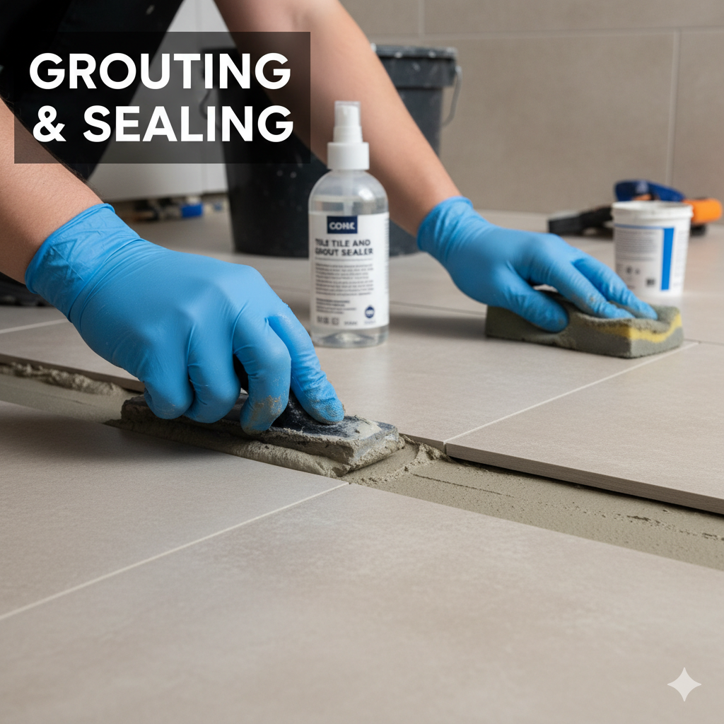 A close-up view of a hand holding a grout float, expertly applying light-colored grout into the joints of freshly laid ceramic tiles. The process shows the filling of gaps for a finished look, crucial for durable tile flooring.