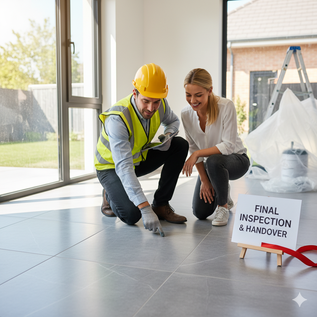 A professional tile installer and a homeowner reviewing the newly installed, sparkling tile floor in a modern living space. They are pointing to a section of the floor, signifying a final quality inspection and the successful handover of the completed project.