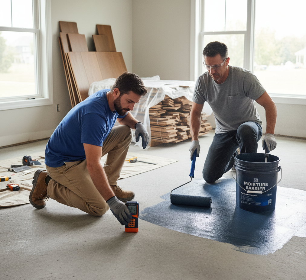 two person testing and applying moisture barrier to the subfloor before applying moisture barrier