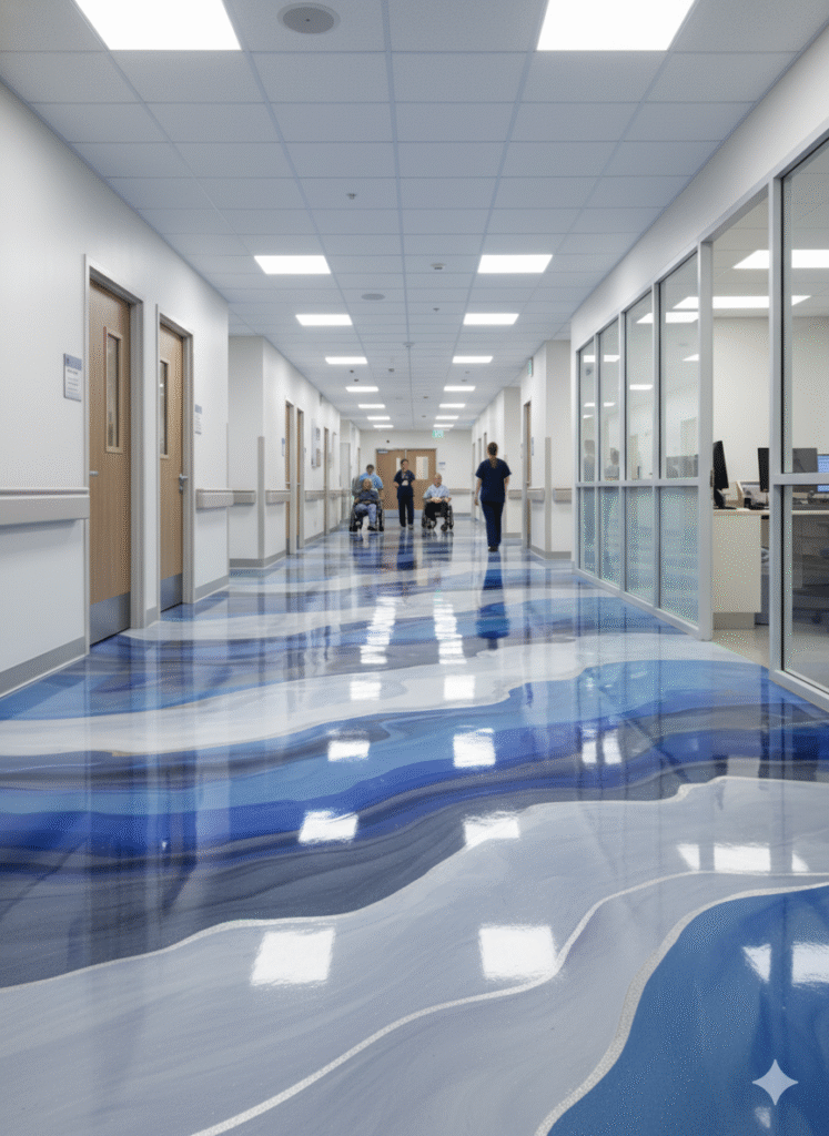 A clean and modern hospital corridor featuring glossy blue and white commercial epoxy flooring that reflects light beautifully. The seamless, high-gloss surface enhances hygiene and durability, providing a safe, easy-to-clean environment ideal for healthcare facilities.
