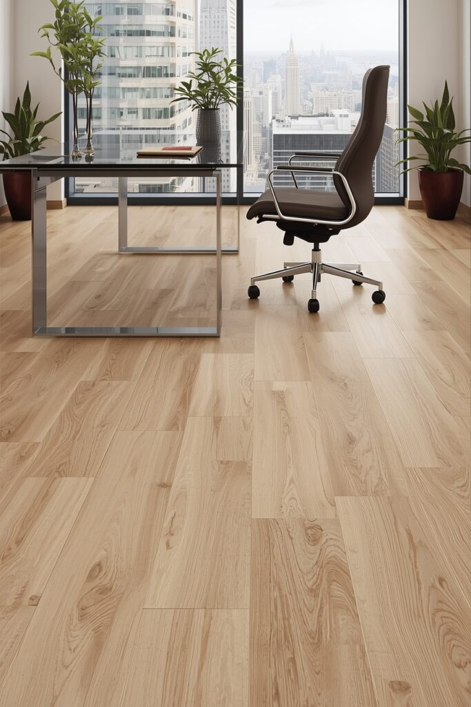 Hardwood flooring for commercial spaces in a modern office lobby with professionals.