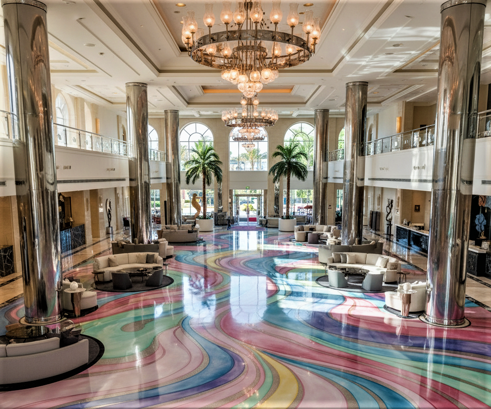 A luxurious hotel lobby featuring grand chandeliers, polished columns, and elegant seating areas with stunning multicolored epoxy flooring in hotel that creates a marble-like, flowing design. The glossy surface enhances the opulent atmosphere, offering both durability and a high-end aesthetic ideal for upscale hospitality spaces.
