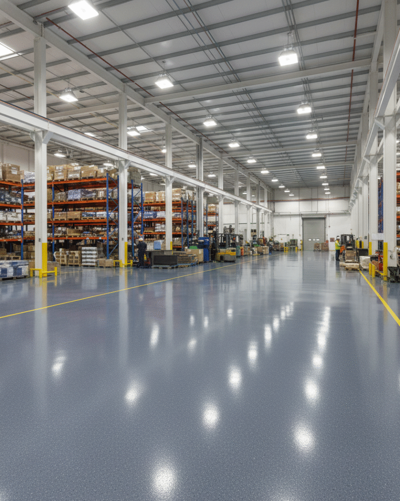 A large, modern warehouse with high ceilings, shelving racks, and forklifts, featuring durable industrial epoxy flooring in a glossy gray finish. The seamless, reflective surface enhances safety, cleanliness, and heavy-duty performance for high-traffic industrial environments.
