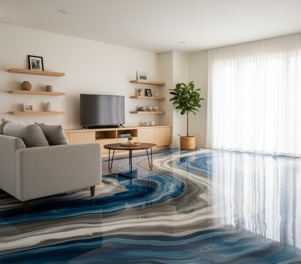 A bright modern living room featuring sleek wooden furniture and floating shelves, with stunning blue and white swirl-patterned residential epoxy flooring that creates a glossy, marble-like effect under natural light from large windows with sheer curtains.