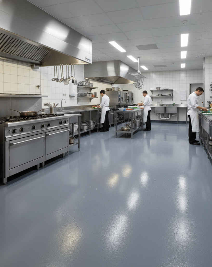 A professional commercial kitchen featuring stainless steel appliances, countertops, and ventilation hoods, with durable speciality epoxy flooring in a seamless gray finish. The floor provides a slip-resistant, hygienic surface ideal for high-traffic kitchen environments, ensuring both safety and easy maintenance.