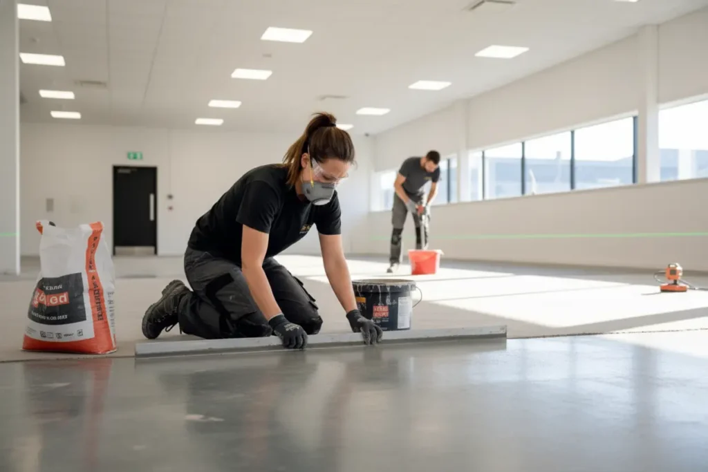 A worker is preparing for subfloor