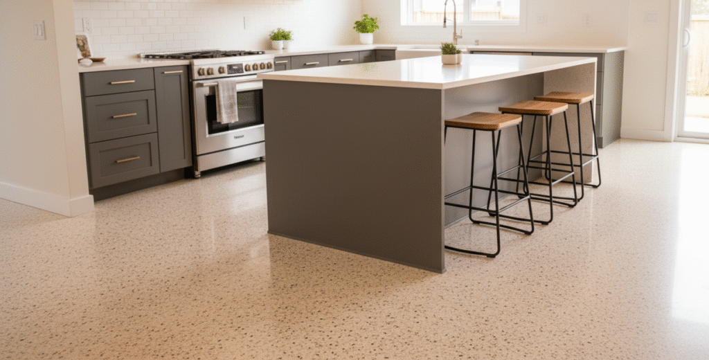 A modern kitchen with elegant epoxy terrazzo flooring with a polished speckled finish that adds durability and a refined contemporary look to the space.