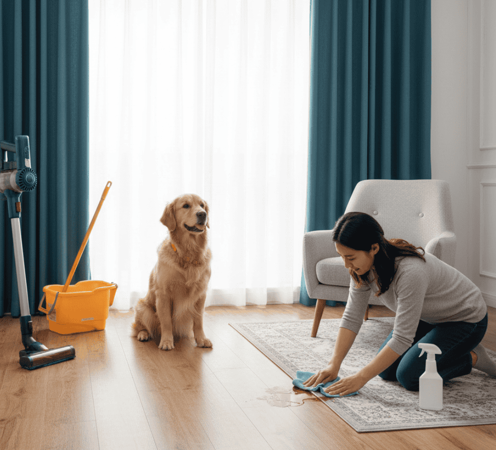 Vinyl plank flooring aftercare and maintenance guide showing proper cleaning and upkeep steps.