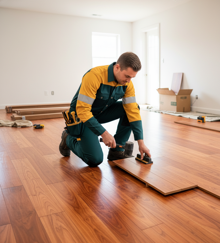 A professional installer fitting wooden planks in a bright modern home, showcasing expert flooring Richmond VA services.
